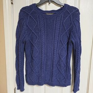 Tommy Bahama Sweater Womens Small Blue Cable Knit Cotton Blend Crew‎ Pullover